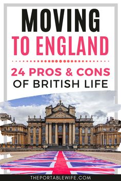 the front cover of moving to england, with an image of a building in the background