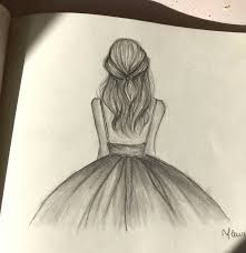 a pencil drawing of a girl in a dress looking at the back of her head