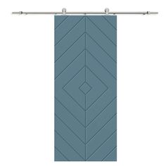 a blue door with an arrow design on the front and side panels, hanging from a metal bar