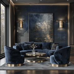 an elegant living room with blue velvet sofas and gold coffee table in the center