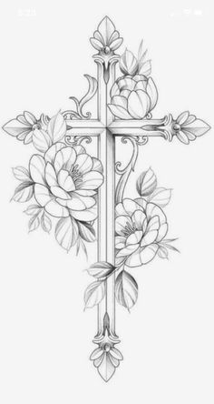 a cross with flowers on it and leaves around the cross is shown in this drawing