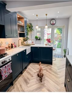 a brown dog standing in the middle of a kitchen next to a stove top oven