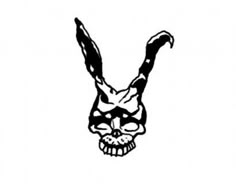 a black and white drawing of a rabbit's head with an evil look on its face