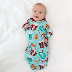 Image of an infant laying on a blanket in a Peppermint Mocha Infant Gown Red Cups, Peppermint Mocha, Minty Green, Gingerbread Men, Baby Gown, Holiday Baby, Easy Dressing, Fall Favorites, Green Print