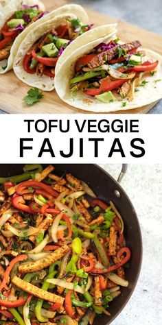 tofu veggie fajitas in a skillet with text overlay