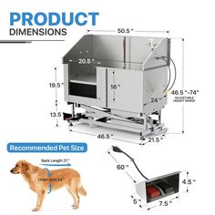 an image of a dog standing next to a machine with measurements for it's size