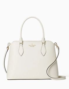 10.12"h x 13.12"w x 4.87"dhandle drop: 6"strap drop: 19"refined grain leathermetal pinmount logounlinedinterior back slip pocketdrop in top zip closurestyle # wkr00437Color: Parchment Kate Spade Satchel, Kate Spade Cameron Street, Black Satchel, Black Leather Satchel, White Purses, Leather Satchel Bag, Black Leather Crossbody Bag, Kate Spade Purse, Black Leather Handbags