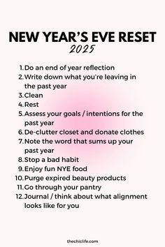 Click for a FREE guide and set of checklists to help you do a New Year's Eve Reset 2025 so you can have your best year yet. Use this list of 2025 New Year Reset ideas for reflection, clearing, letting go, and make space in 2024 to prep for the new year in 2025. And also use this list to plan, bring in positive energy, and set yourself up for success in the new year. Happy New Year! Save this with your self care ideas and/or add it to your vision board! Features a fun pink aesthetic. New Year Reset, 2025 Bujo, Reset Ideas, Year Reset, New Years Resolution List, Resolution List, 2025 Goals, Habit Tracker Bullet Journal, Set Yourself Up For Success