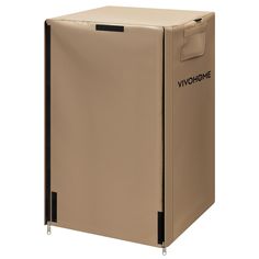 a brown refrigerator freezer sitting on top of a white floor next to a wall