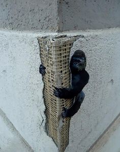 a gorilla climbing up the side of a building with its head stuck in a net