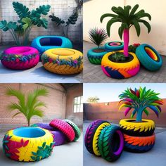 several images of colorful tires and plants in different stages of being used as planters