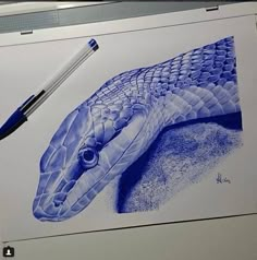 a drawing of a blue snake on a white board