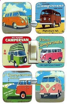 four coasters with different colored vw buses and campervan designs on them