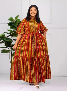 Beautiful dress with overall length of 60 inches. This maxi dress is a true stunner! 💎 It has a self tie belt. 💎Dress has a collared, button down neckline, . 💎 Dress has a button down front closure. 💎 It is maternity friendly 💎 You can creat... Ankara Maxi Dress, Long African Dresses, African Print Dress Ankara, Best African Dresses, African Dresses Modern, African Wear Dresses, African Maxi Dresses, Dress African, Beautiful Maxi Dresses