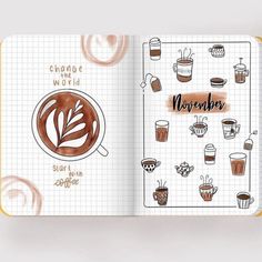 an open notebook with coffee illustrations on the cover and words written in cursive writing