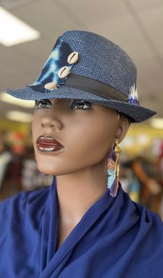 The mudcloth blue and Art Deco has endless possibilities.This African Print Fedora is beautiful and unisex. The fedora looks great for the summer with a touch of cowrie shell. Comfortable fits small to med size heads.Don't delay order yours today. Short Hair Dos, Fedora Women, Hats Ideas, Women Fedora, Church Hat, African Inspired Fashion, Fancy Hats, Golf Hat, Hat Ideas