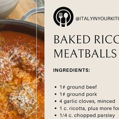 a bowl of baked ricotta meatballs with ingredients in the bottom right hand corner