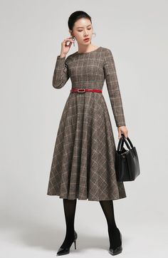 "Plaid wool dress, Fitted waist and round neck elevate our retro-chic full dress woven in soft wool with a classic plaid print. DETAIL * 35% wool blend, 35% fiber and polyester, 30% nylon * Polyester lining * Big Round neckline * Long sleeves * Regular fit * Back zipper closure * Two side seam pockets * Below Knee length * Dry clean * More color and More size https://www.etsy.com/listing/465258668 * Size Guide https://www.etsy.com/listing/722950722 * SIZE CHART https://www.etsy.com/listing/73681 Boots And Fit And Flare Dress Winter, Fit Flare Dress Winter, Luxury Fitted Elegant Plaid Dress, Luxury Fit And Flare Dress For Fall, Conservative Sweater Dress, Professional Plaid Dress, Wool Dress Uk, Cheap Plaid Winter Dress, Kate Middleton Plaid Dress