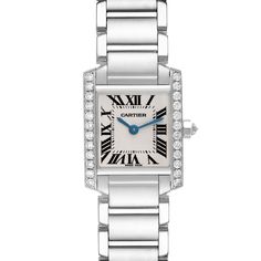 Cartier Tank Francaise White Gold Diamond Ladies Watch WE1002S3. Quartz movement. Rectangular 18K white gold 20.0 x 25.0 mm case. Octagonal crown set with an original Cartier factory diamond. Original Cartier factory diamond bezel. Scratch resistant sapphire crystal. Silver dial with black radial Roman numerals. Sword shaped blued steel hands. Secret Cartier signature at X. 18k white gold bracelet with double deployant clasp. Will fit up to 6 1/4" wrist. Cartier Tank Anglaise, Cartier Tank Francaise, Cartier Ballon Bleu, Patek Philippe Aquanaut, Cartier Tank, Cartier Watch, White Gold Bracelet, Bezel Diamond, Ladies Watch