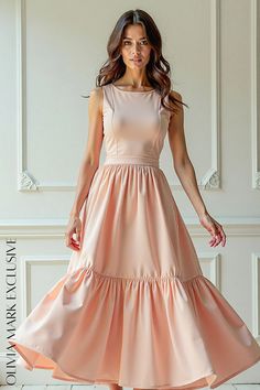 Olivia Mark - Elegant Blush Pink Midi Dress with Tiered Ruffles and Sleeveless Design Blush Pink Midi Dress, Ethereal Gown, Romantic Silhouette, Voluminous Skirt, Family Christmas Pictures, Understated Luxury, Pink Midi Dress, Christmas Pictures, Olivia Mark