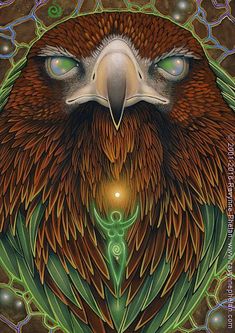 a painting of a bird with green eyes and an ornate design on it's face