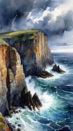 a painting of the ocean and cliffs with waves crashing against them on a cloudy day