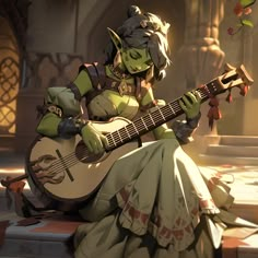 an animated character is playing the guitar and wearing a green outfit with horns on her head