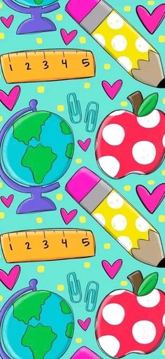 an apple, pencils and ruler on a blue background with heart shaped shapes around it