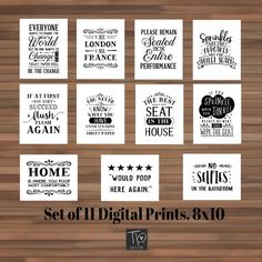 the set of 11 digital prints for home decor is shown in black and white, with different