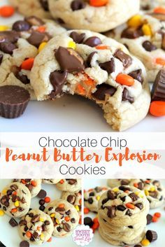 chocolate chip peanut butter explosion cookies on a white plate with candy bars and candies