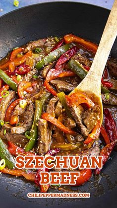 a skillet filled with beef and peppers