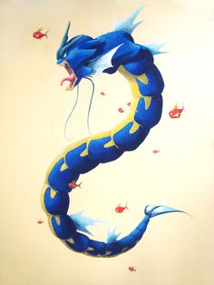 a painting of a blue and yellow snake with red fish around it's neck