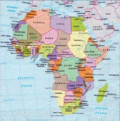 a map of africa with all the countries and their major cities on it's borders