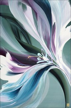 an abstract painting with blue, purple and white colors