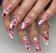 Halloween nails #nails #arcylicnails #bloodnails #halloween #halloweennails Blood Nails, Splatter Nails, Horror Nails, Holloween Nails, Ballet Nails, Halloween Fest, Halloween Acrylic Nails, Halloween Nail Designs, Nail Accessories