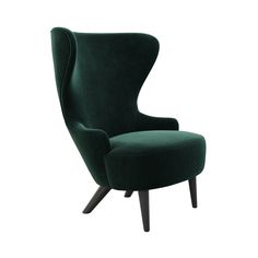 an upholstered green chair with dark wood legs and foot rests on a white background