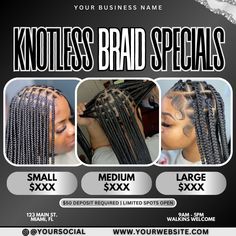 Knotless Braids Flyer, Braids Flyer, Braid Specials Flyer, Braider Flyer, Braid Salon Flyer, Hair Braiding Salon Flyer, Braid Booking Flyer - Etsy Braider Flyer Ideas, Braiding Hair Flyers Ideas, Braids Flyer Design, Braid Special Flyer, Braid Flyer, Hair Braiding Salon, Bday Photoshoot, Dyed Curly Hair