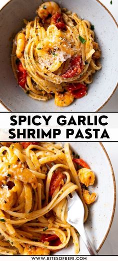 two plates of spaghetti with shrimp and tomato sauce on top, the same plate has pasta in it