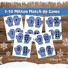 the mitten match up game is shown with snowflakes and numbers on it