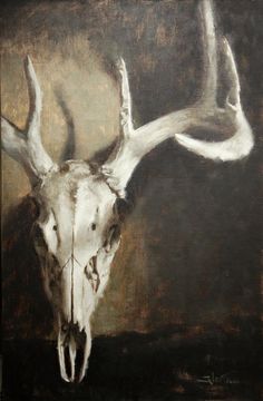 a painting of a deer's head with antlers on the back ground, in black and white