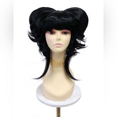 Note: This Wig Is Suitable Only For Those With Short Hair No Longer Than 6" Inches Long. A Wildly Fun And Unique Short Hairstyle Featuring Straight Bangs, Loose Tendrils And Two Back Poufs Shaped By Hollow Cones From The Underlying Wig Cap. Made With Synthetic Fibers. Pull-On Petite Size Costume Cap. *Not Heat Resistant, Do Not Use Heating Tools. Color: Black Circumference: *Petite*, Max Size 21" Materials: Synthetic Wig Fibers Wig Prices Are Firm. Shoet Hair, Bouffant Wig, Short Black Wigs, Wig Bangs, Drag Makeup, Straight Bangs, Side Bangs, Black Wig, Short Hairstyle