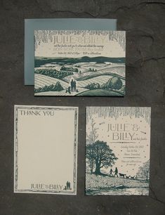 three different wedding stationery items are displayed on the ground, including two cards and one envelope