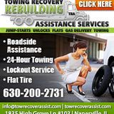 an advertisement for towing and repair company with a woman talking on the phone next to a car