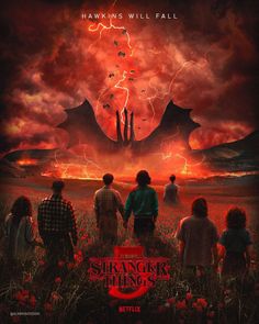 a poster for the movie strange things with people standing in front of an orange sky