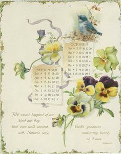 a calendar with flowers and birds on it