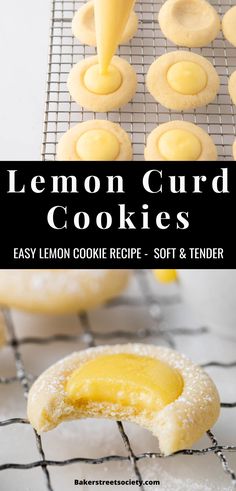 Lemon curd cookies being filled with curd, and one with a bite taken Lemon Cookies With Lemon Curd, Raspberry Curd Lemon Cookies, Lemon Curd Stuffed Cookies, Cookies Lemon Curd, Lemon Curd Cookies Recipe, Lemon Cookies Easy, Easy Lemon Curd, Soft Cookie Recipe