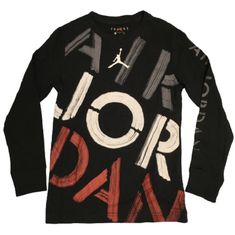 Air Jordan Long Sleeve T-Shirt Boys Small Black w Red White Gray Graphic Print NEW Size:  Youth Boy's Small (Length 22", Chest 15") Condition: New Model: 95A073-023 Shipping: Items ship next business day unless it's a holiday. Your tracking number will be uploaded to eBay asap. We only ship to a confirmed PayPal address, no exceptions. Items ordered on weekdays before 3:00 pm (EST) will be shipped same day. Returns: We accept returns within 30 days of purchase date if product does not match list Black Logo Print T-shirt For Fall, Black Nike Cotton T-shirt, Black Cotton T-shirt For Fall, Nike Crew Neck T-shirt For Fall, Nike Tops With Letter Print For Fall, Sporty Black T-shirt For Fall, Black Graphic Print Top For Fall, Black Long Sleeve Top With Logo, Red T-shirt For Fall Streetwear