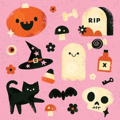 an illustration of halloween items on a pink background