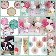 a collage of different items including cupcakes, teacups and paper fans