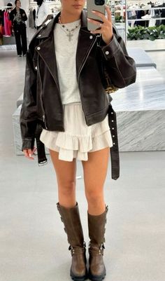 High Knee Boots Skirt Outfit, Riding Boots Outfit Summer, White Moto Boots Outfit, Buckle Boots Outfit Fall, Skirt And Biker Boots Outfit, Buckle Boots Outfit Summer, Knee High Moto Boots Outfit, Concert Boots Outfit, Dress With Moto Boots